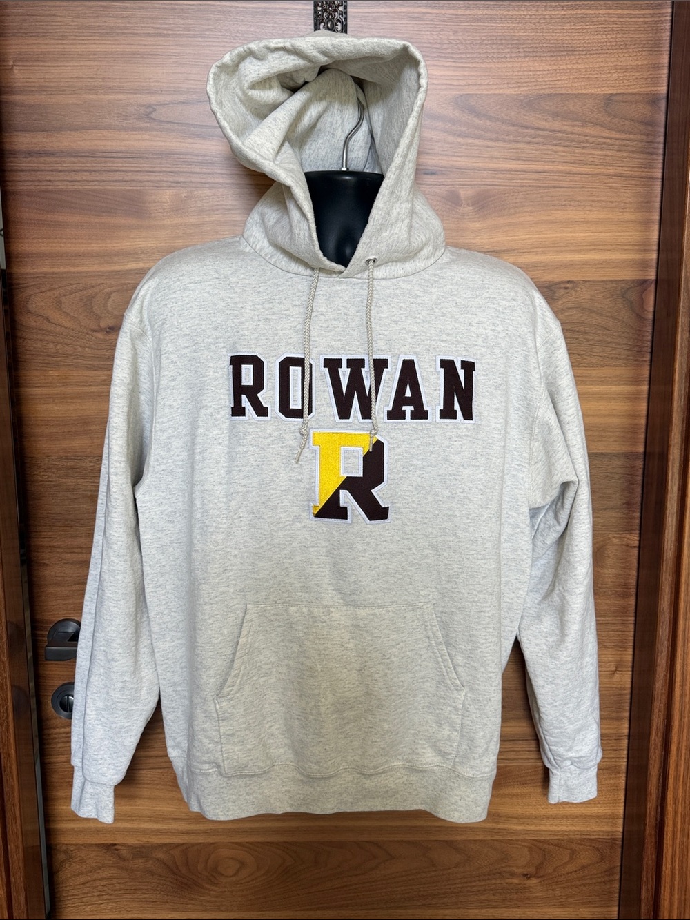Champion Gray Hoodie with Maroon and Yellow Rowan Logo